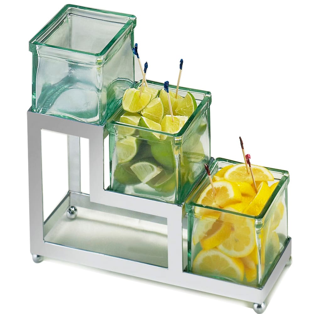 Cal-Mil 1803-4-49 Chrome Square Stair-Step Frame w/ 3 Green Glass Jars