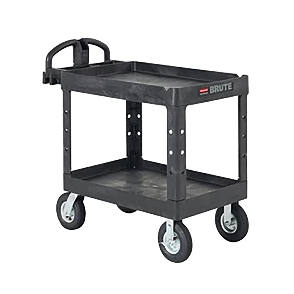 Rubbermaid FG452010BLA Black 2-Shelf Utility Cart w/ Pneumatic Casters