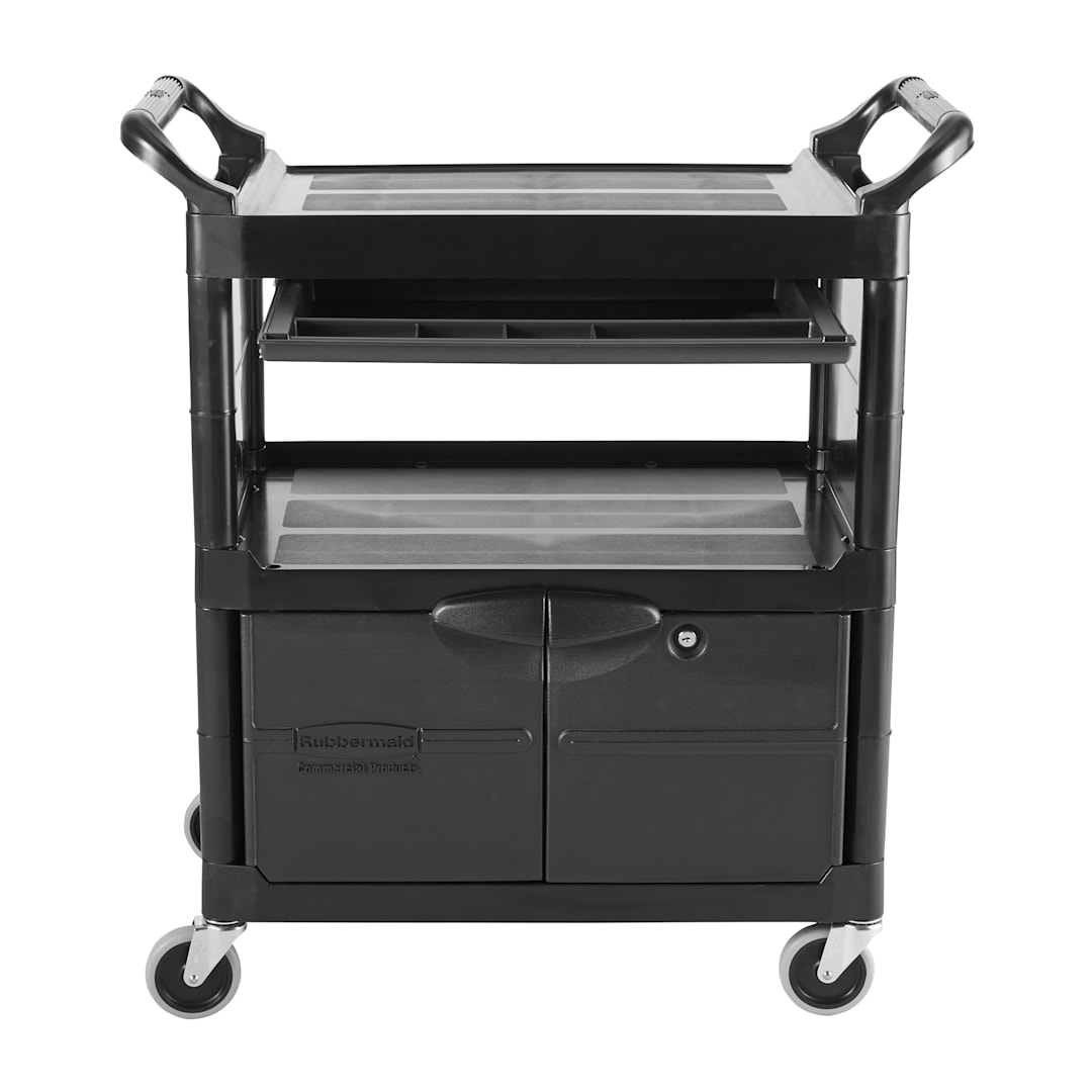 Rubbermaid FG345700BLA Lockable Door Utility Cart with Sliding Drawer