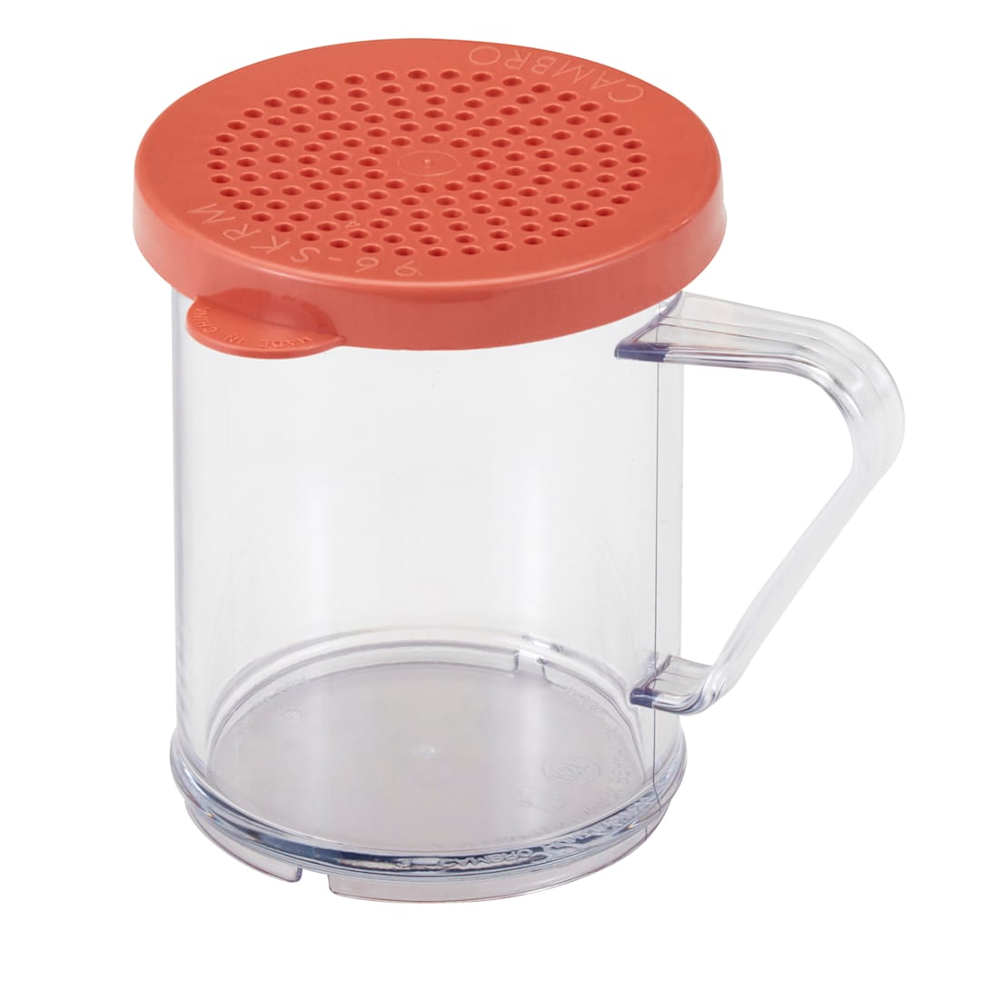 Cambro 96SKRM135 Clear 10 Oz Shaker with Red Medium Grain Product Lid