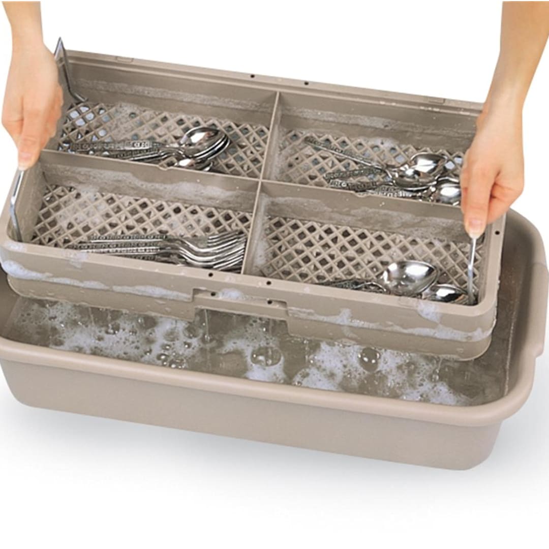 Traex® 1303 Beige 4 Compartment Handled Half Tub Flatware Rack