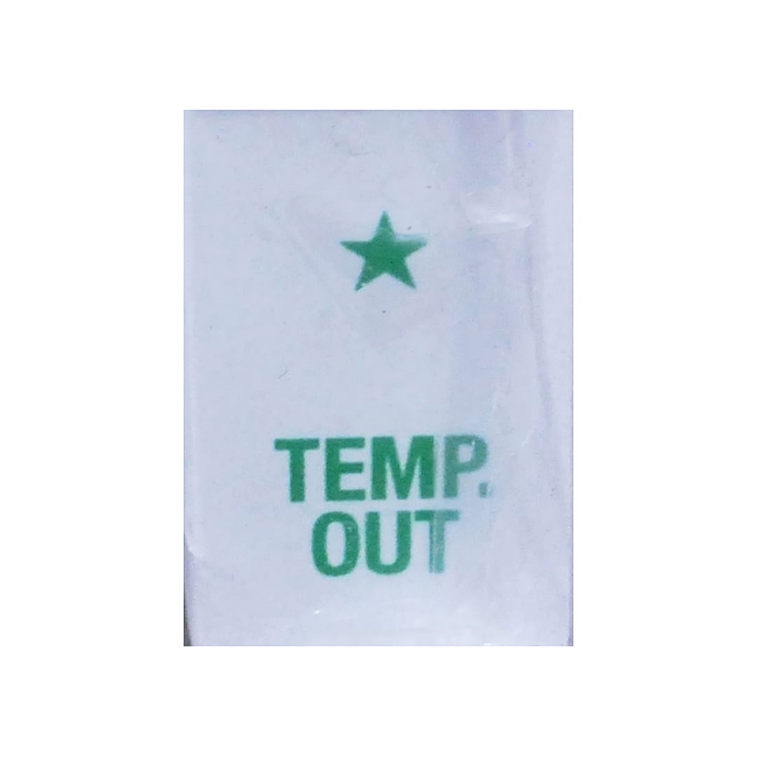 White "Temp Out" Tag w/ Green Star Above Letters
