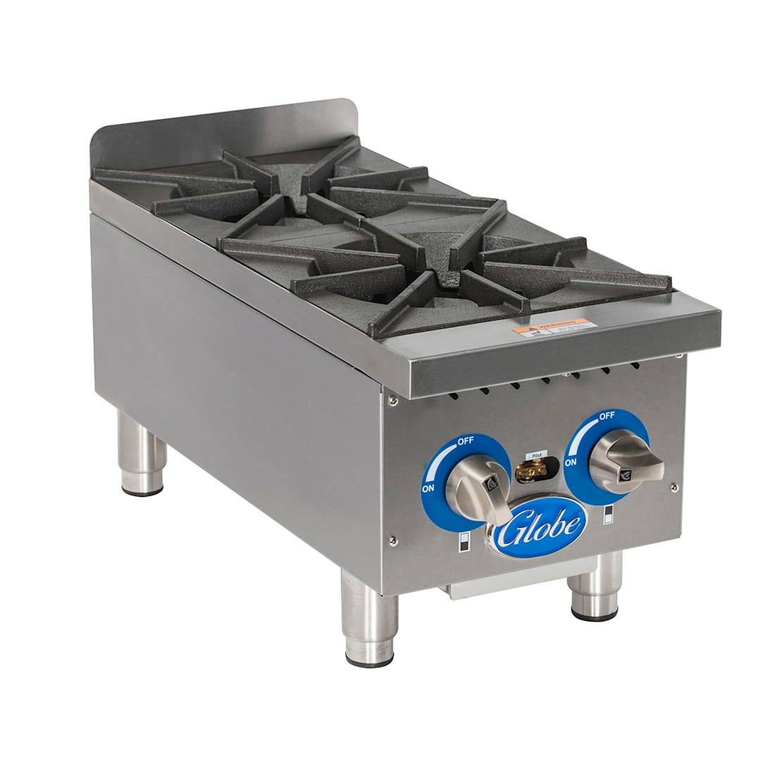 Globe Food Equipment GHP12G Countertop S/S 2-Burner 12" Gas Hot Plate