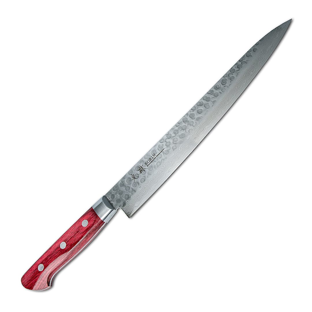 Korin HKR-TDSU-240 Red Tsuchime Damascus 9.4" Sujihiki Knife
