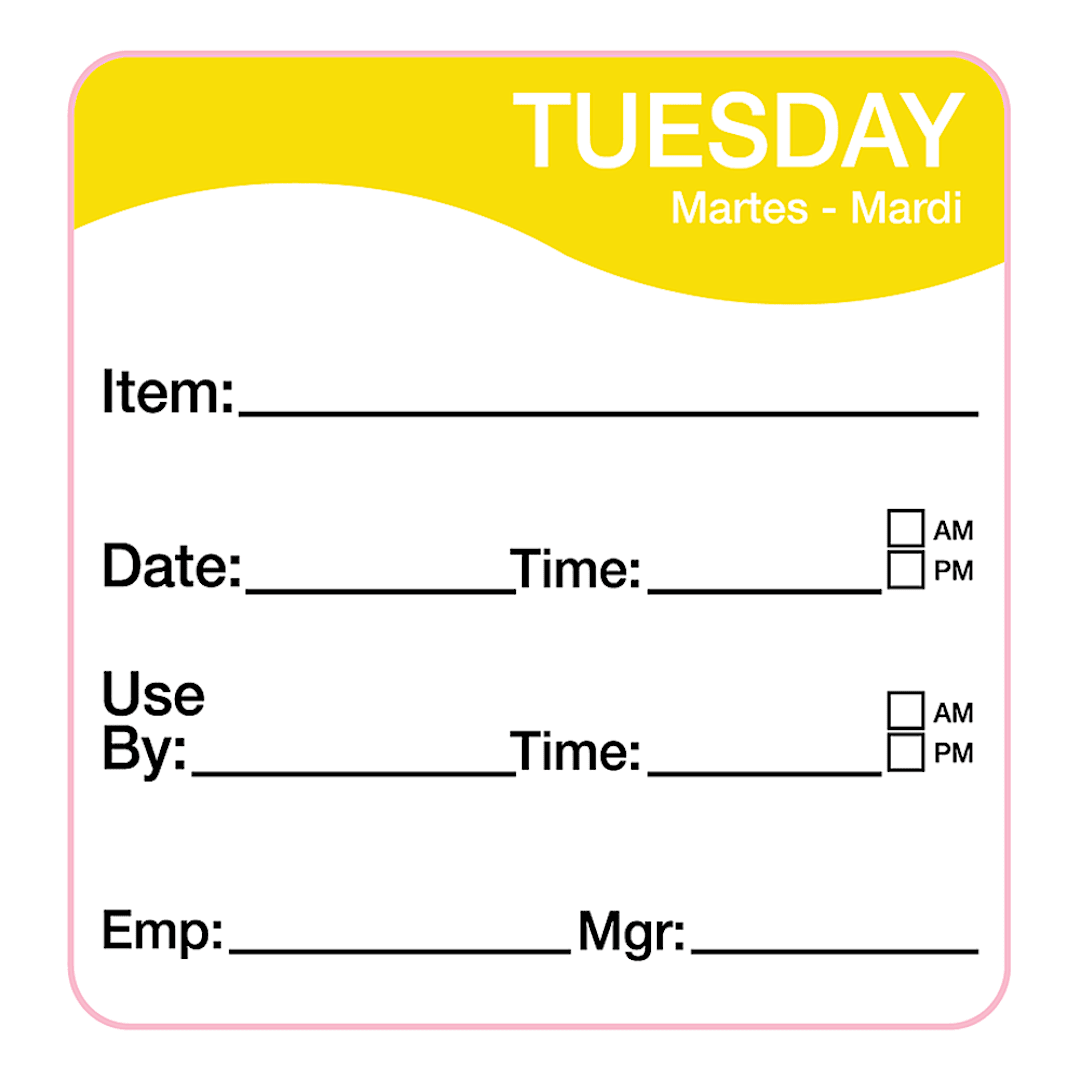 Darling Foodservice Yellow Tuesday 2 x 2 Square Day Label