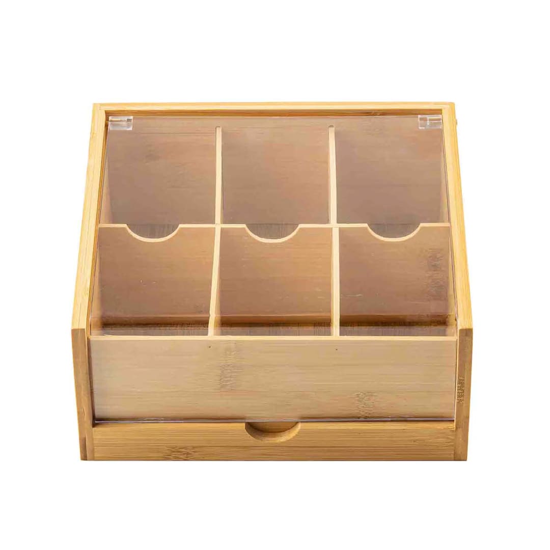 TableCraft 13005 Bamboo 8.5" Square x 4" 6 Cmpt Tea Holder