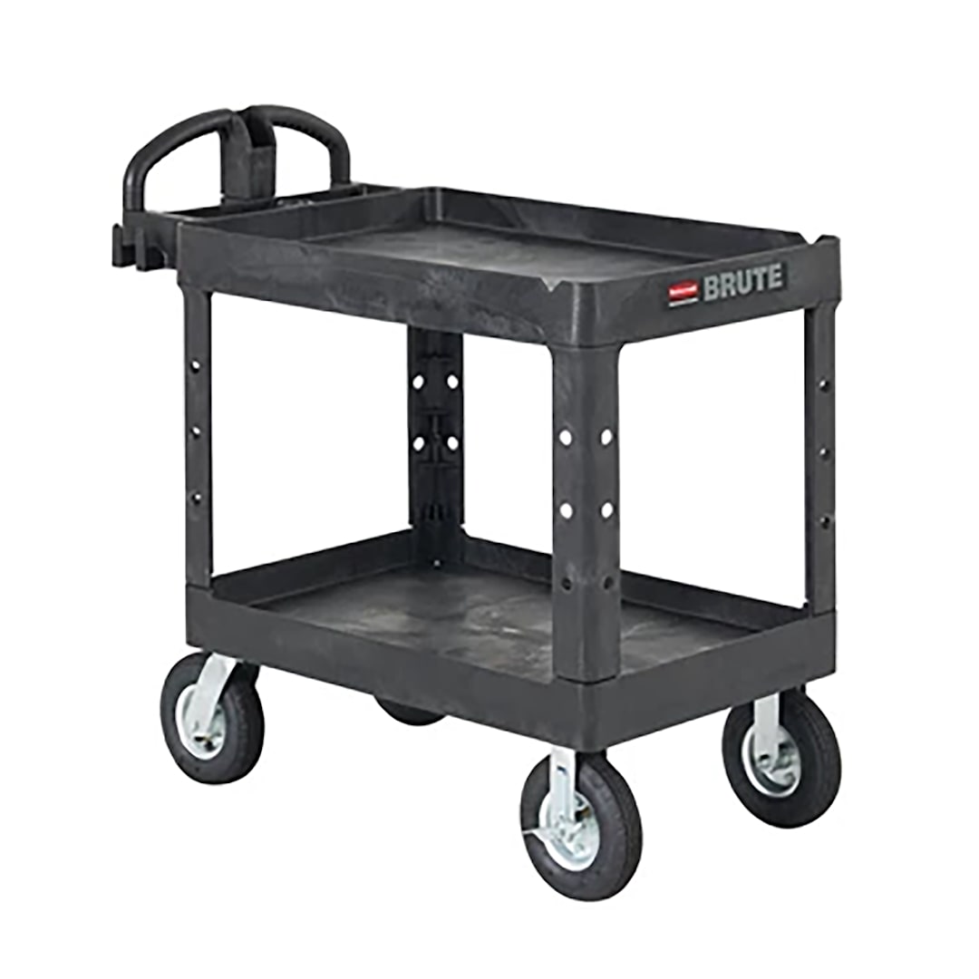 Rubbermaid FG454610BLA Black 2-Shelf Utility Cart w/ Pneumatic Casters