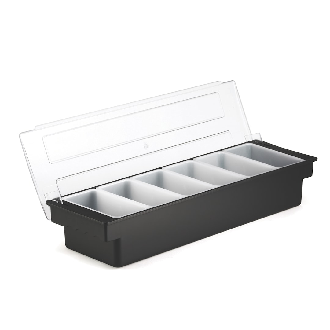 TableCraft 102 Black 6-Compartment Condiment Holder with Clear Lid