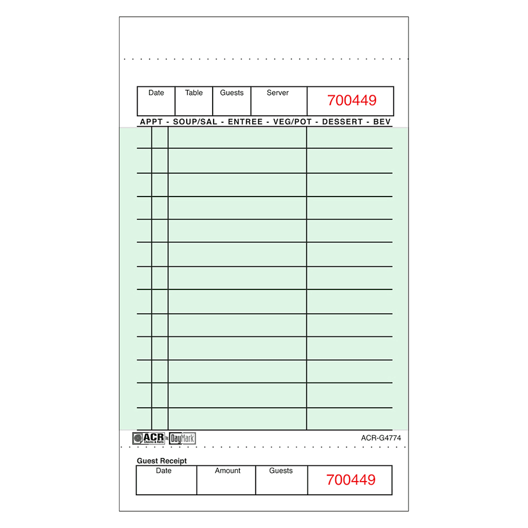 DayMark 112926 Green 1-Part Board 14-Line Guest Check