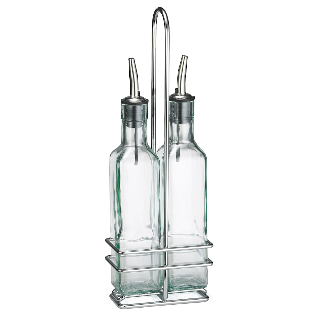 TableCraft H9085N Prima 8.5 Oz. 2-Bottle Cruet Set with Rack
