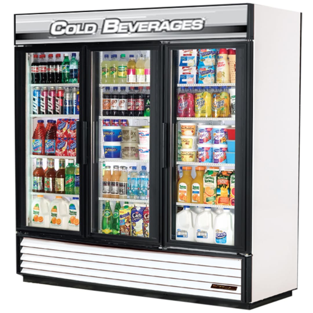 True GDM-72-HC~TSL01 White 3-Door Merchandiser w/ Cold Beverages Sign