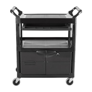 Rubbermaid FG345700BLA Lockable Door Utility Cart with Sliding Drawer