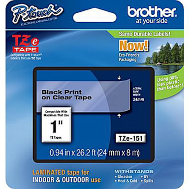 BrotherĀ® BRTTZE151 Black / Clear 1" TZe Label Tape