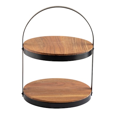 TableCraft 10719 Black Metal / Acacia 2 Tier Display Stand