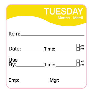 Darling Foodservice Yellow Tuesday 2 x 2 Square Day Label