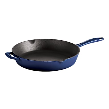 Darling Foodservice Blue Enameled Cast Iron 12" Skillet w/ Helper Handle