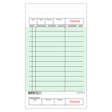 DayMark 112926 Green 1-Part Board 14-Line Guest Check