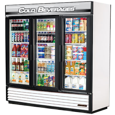 True GDM-72-HC~TSL01 White 3-Door Merchandiser w/ Cold Beverages Sign