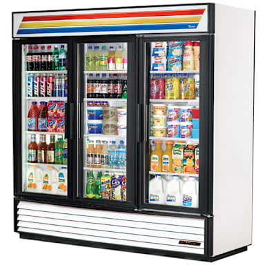 True GDM-72-HC~TSL01 White 3-Door Merchandiser w/ Cold Beverages Sign