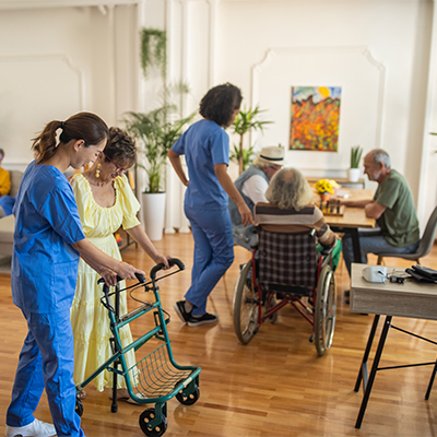 senior facility where healthcare staff are supporting residents