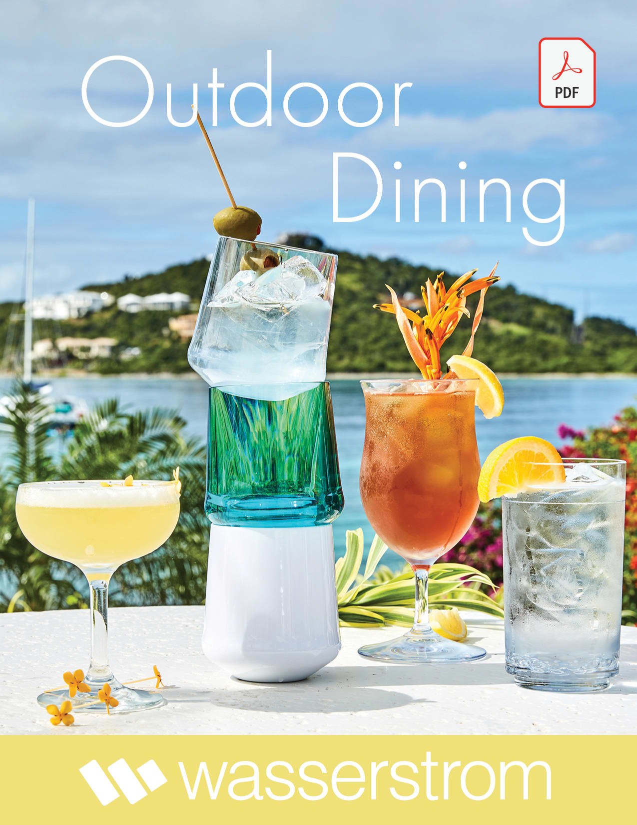 tropical invoronment, colorful drinks sitting on a table