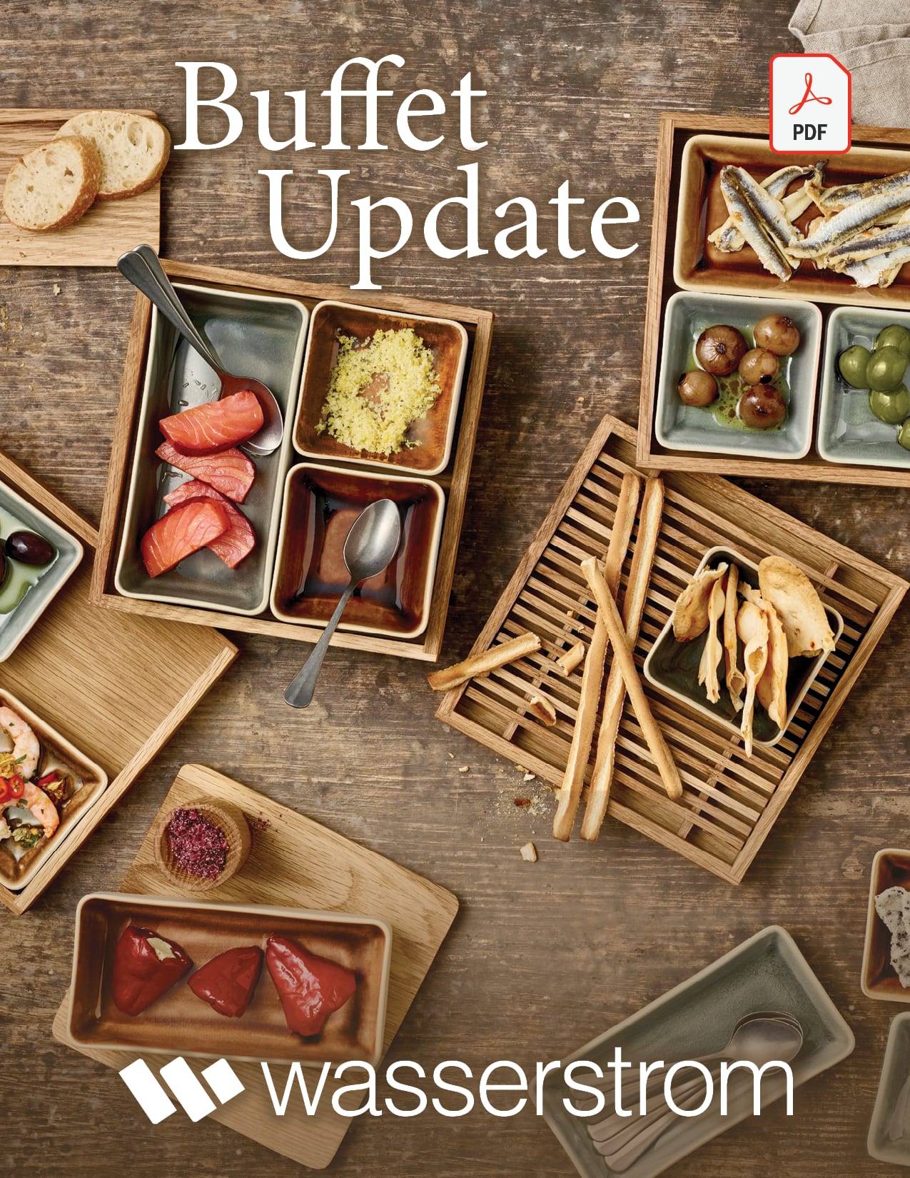 wooden bento boxes full of food for the cover of the flyer