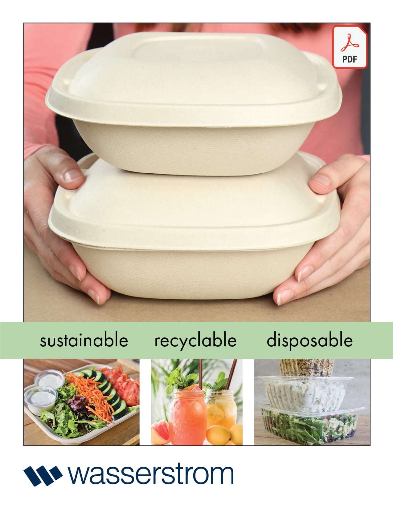 environmentally friendly disposable containers for food on the cover of the flyer