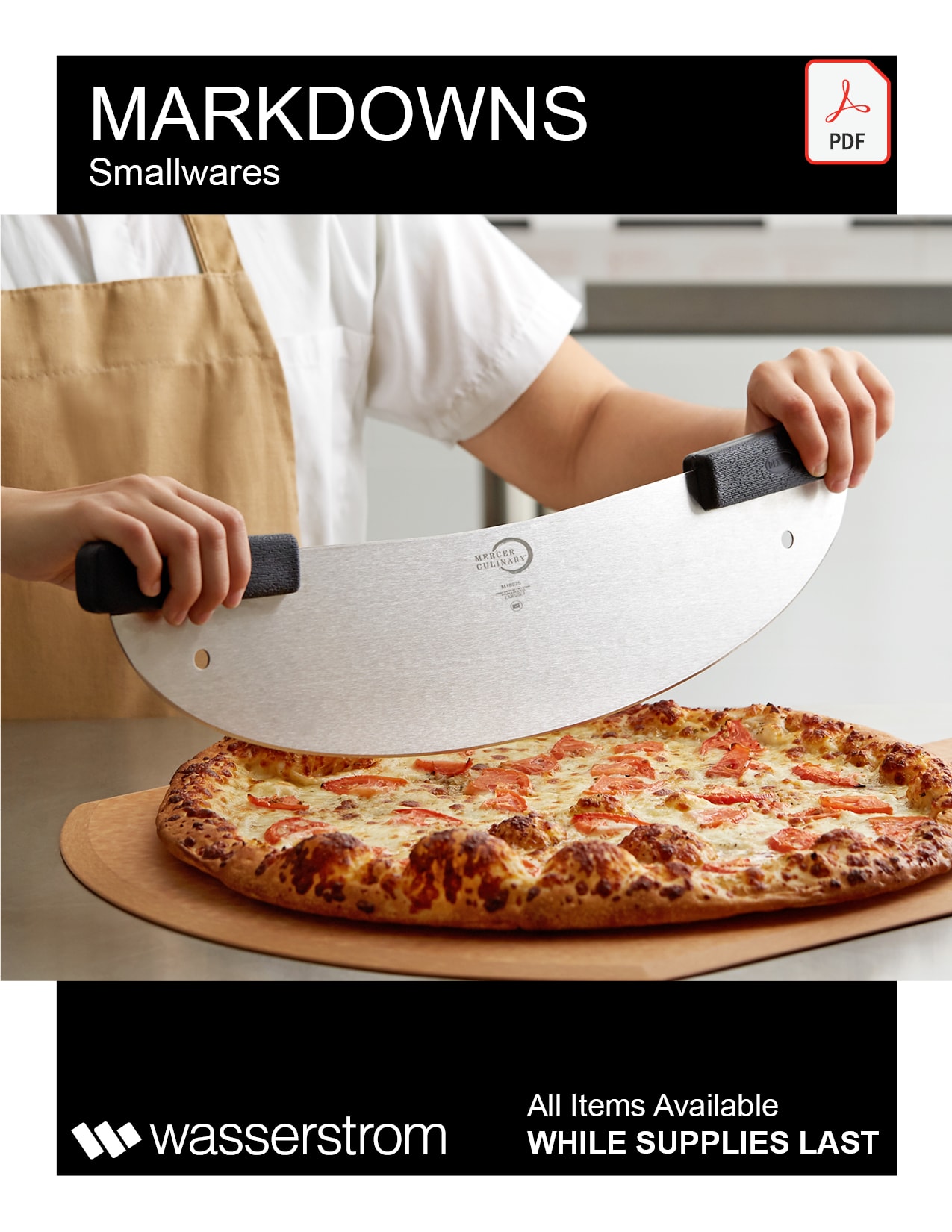 chef cutting pizza with a specialized smallware