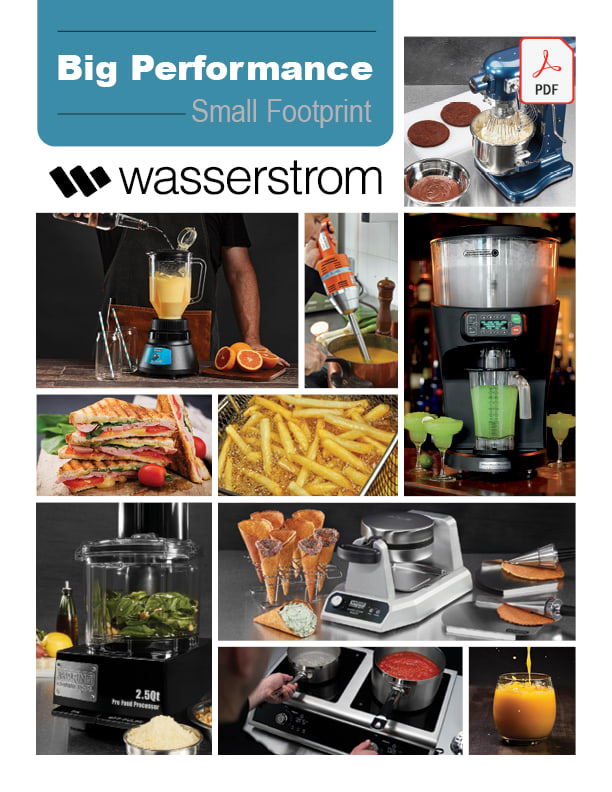 Collage of various foodservice small equipment and the foods prepared with them.