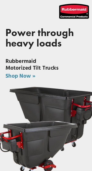 An advertisement displaying two, commercial motorized tilt trucks manufactured by Rubbermaid