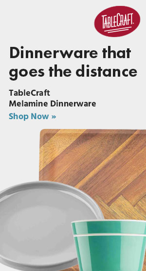 A marketing banner that promotes TableCraft's durable line of melamine dinnerware for commercial foodservice and hospitality businesses