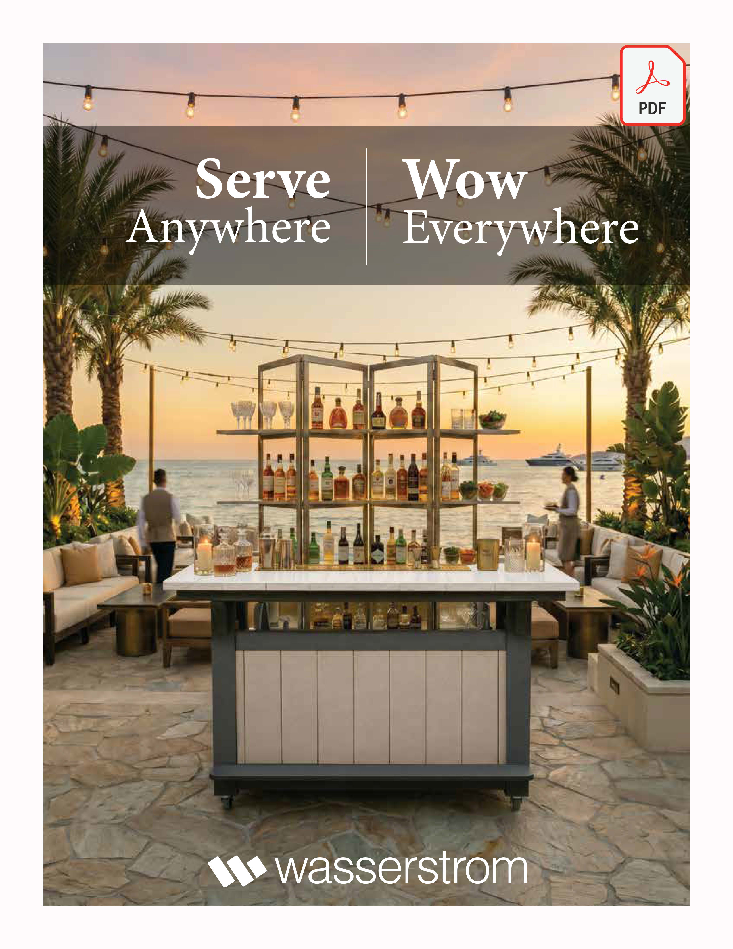 Beverage cart in front of outdoor seating area. View of the ocean with ships in the background.