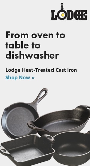 A marketing banner that displays a variety of cast iron cookware by Lodge.
