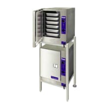 This SteamChef&trade; 6 double stacked steamer includes two 22CET6.1 steamers, a  2&quot; high mounting spacer, 24&quot; high equipment stand, and common drain and water connection manifold features.